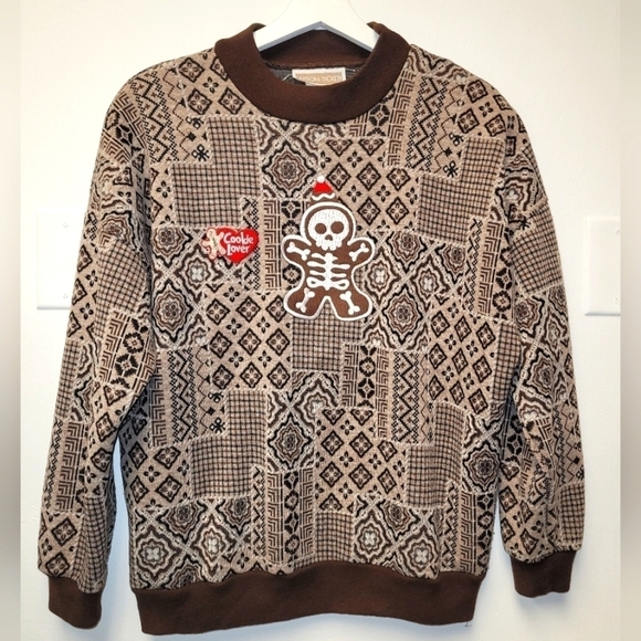Vintage Unisex Christmas Skeleton Cookie Lover Brown, Tan, White Sweater Size L - Picture 2 of 11
